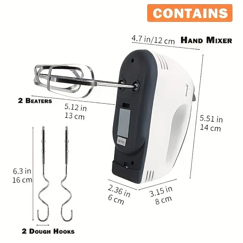 Whisk - Diagram showing the dimensions of an electric hand mixer, with 2 beaters and 2 dough hooks displayed beside it.