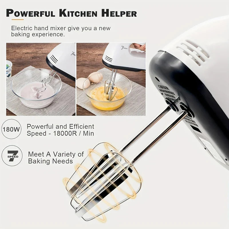 Whisk - Handheld electric mixer with beaters, overlaid text and two small inset photos of the mixer in use with bowls of ingredients.