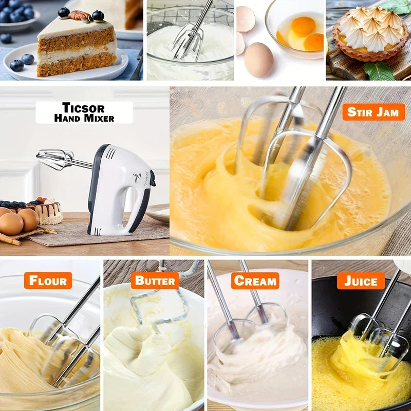 Whisk - Handheld electric mixer displayed on a wooden counter, with surrounding small images showing it mixing various food ingredients