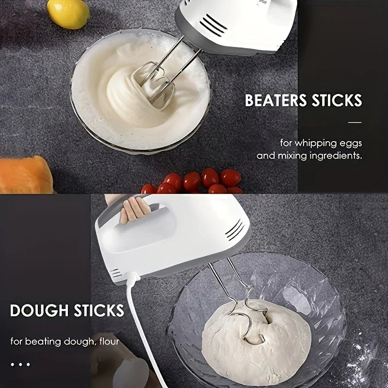 Fouet - Mélangeur électrique portable montré équipé de fouets mélangeant une substance crémeuse, et équipé de crochets à pâte mélangeant de la pâte, avec texte descriptif pour chaque accessoire