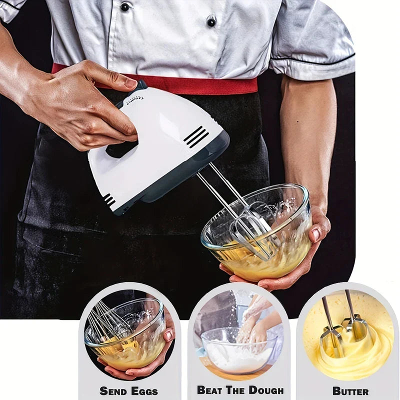 Whisk - Person holds an electric hand mixer mixing yellow liquid in a glass bowl, with three inset circles showing mixing eggs, dough, and butter.
