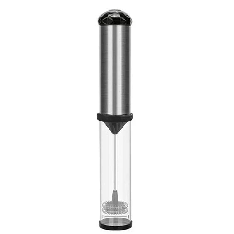 Handheld Electric Milk Frother - Stainless steel battery-operated whisk foam maker with clear protective storage stand