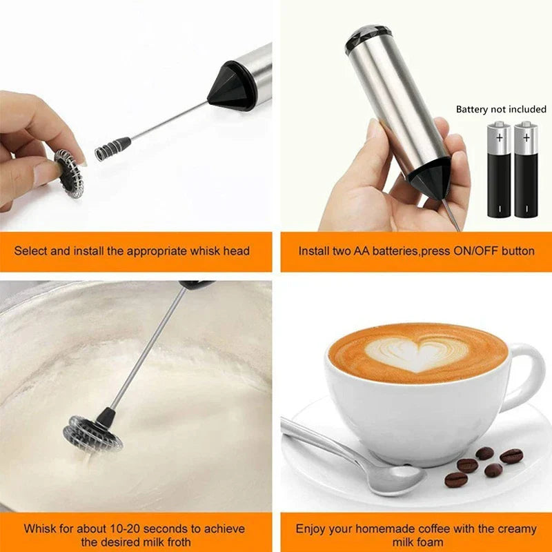 Espumador de leche eléctrico de mano: guía de uso en cuatro pasos que muestra el accesorio batidor, la instalación de las baterías (dos baterías AA no incluidas), el espumado de la leche y el café terminado con espuma