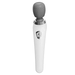 Handheld Body Massager - White electric massager unit with textured rounded massage head and front control buttons
