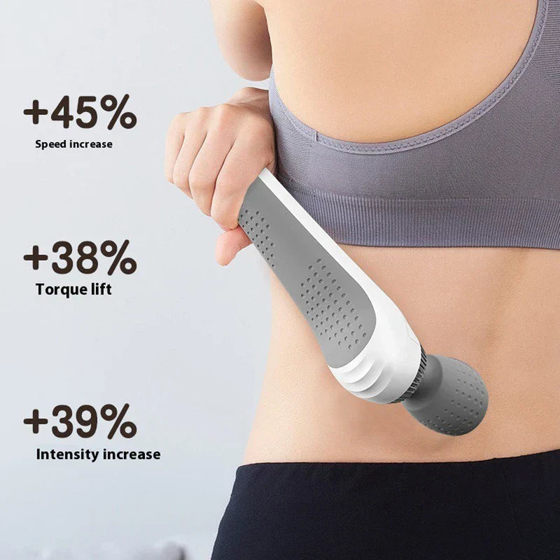 Handheld Body Massager - Person holding a gray and white handheld wand massager against their lower back, with three percentage stats listed to the left.