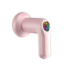 Handheld Percussion Massager - Light pink massage device shown from opposite side angle, displaying control dial and USB-C charging port