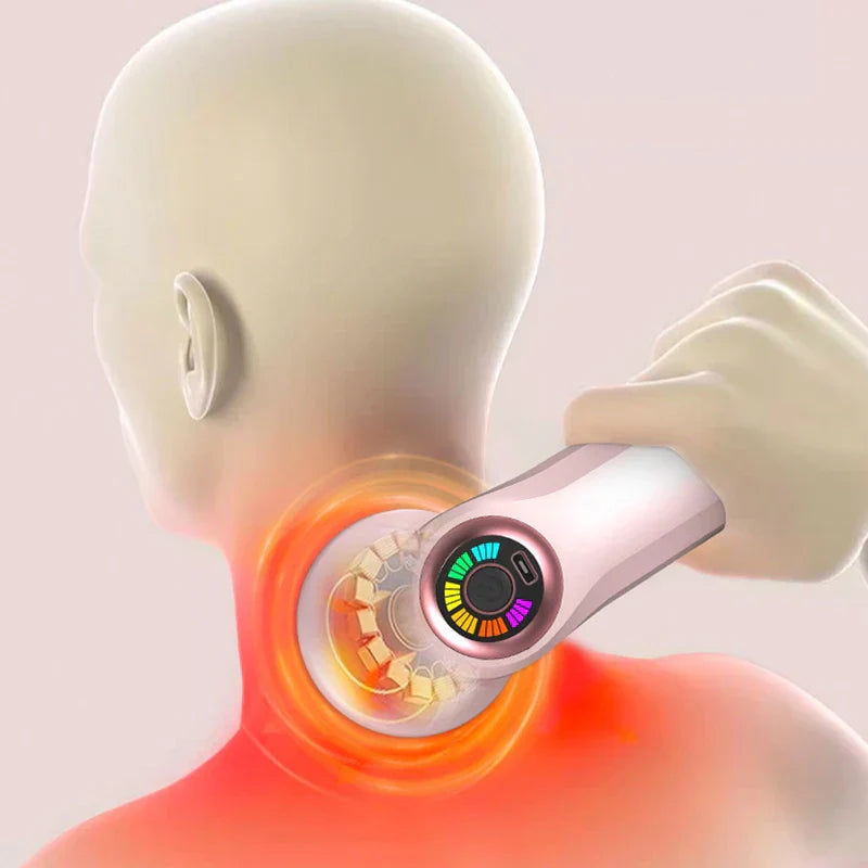 Handheld Percussion Massager - 3D rendered view of a handheld massager being applied to the back of a human neck, showing its internal mechanism and heat glow.