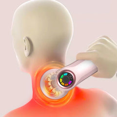 Handheld Percussion Massager - 3D rendered view of a handheld massager being applied to the back of a human neck, showing its internal mechanism and heat glow.