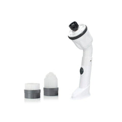 Power Scrubber - Cordless handheld electric cleaning brush with two replacement brush heads, on a plain white background.