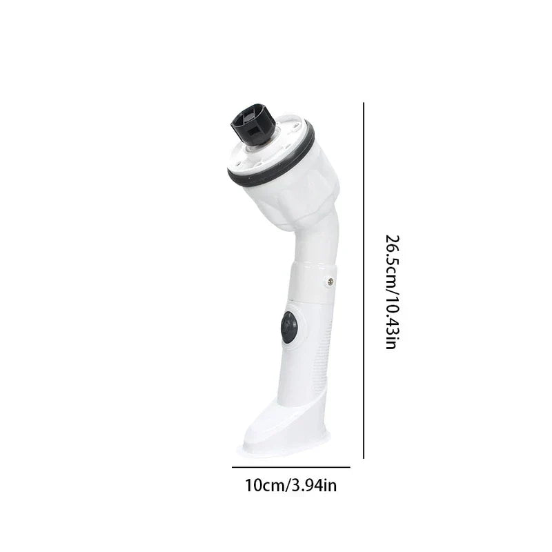 Power Scrubber - White handheld cleaning tool with black accent parts, shown upright against a white background with height and base width measurements labeled.