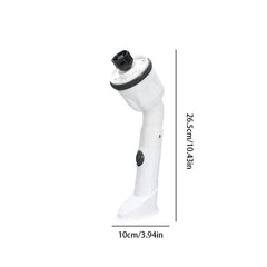 Power Scrubber - White handheld cleaning tool with black accent parts, shown upright against a white background with height and base width measurements labeled.