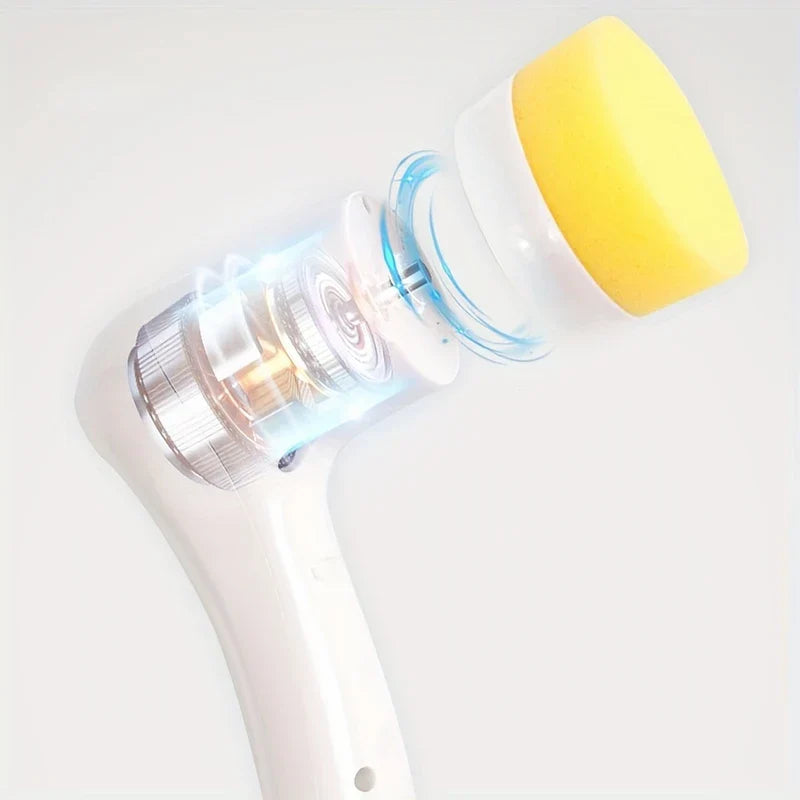 Electric Spin Scrubber - Cutaway view of a white handheld power brush showing internal motor and attached yellow sponge head