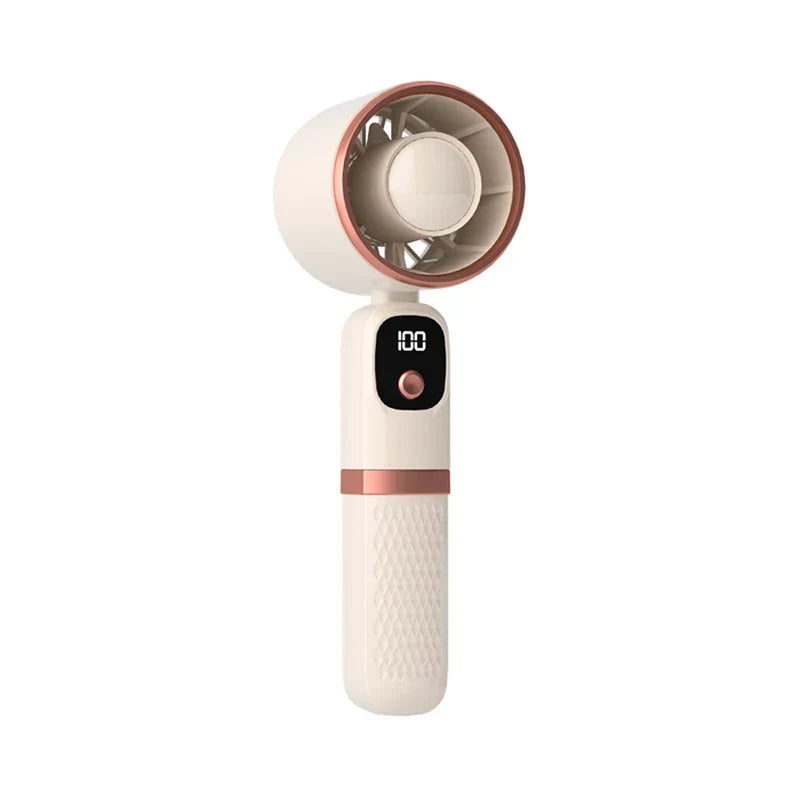 Power Bank - A single cream and rose gold handheld portable fan with a digital display showing 100, set against a plain white background
