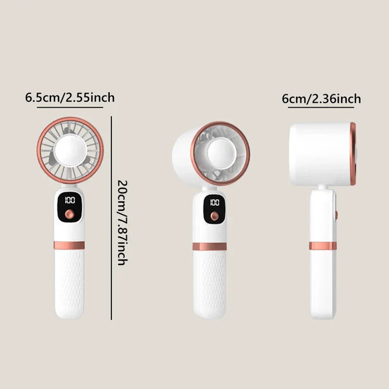 Power Bank - Three angle views of a white handheld fan with rose gold accents, showing dimension labels in centimeters and inches