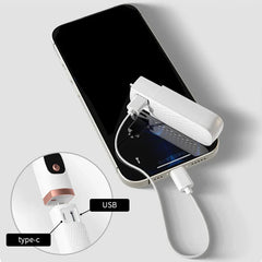 Handheld fan handle detached as a power bank charging a smartphone via cable, with USB and type-c port callouts
