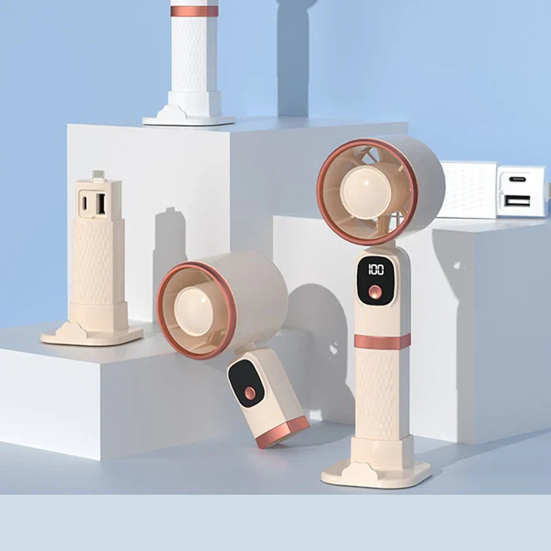 Power Bank - A collection of handheld and stand-mounted portable fans in cream with rose gold accents arranged on white tiered platforms against a light blue background