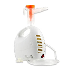 White handheld fine mist atomizer device with orange-capped nebulizer cup, coiled clear tube, and power switch on a white background.