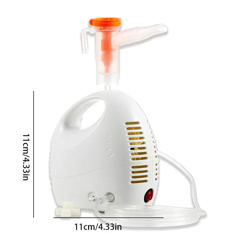 White handheld fine mist atomizer device with an orange-capped cup, clear tubing, and 11cm size markings on a white background.