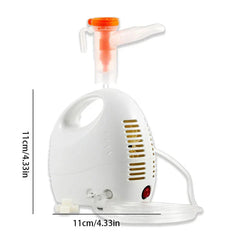 White handheld fine mist atomizer device with an orange-capped cup, clear tubing, and 11cm size markings on a white background.