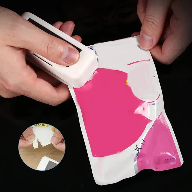 Handheld Heat Sealer - Two hands operate the white mini sealer to seal a pink and white plastic bag; a small inset shows its cutting function