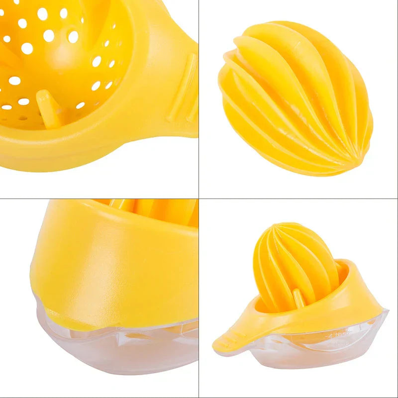 Handheld Citrus Juice Extractor - Four close-up shots showing the strainer, reamer, base and fully assembled citrus juicer