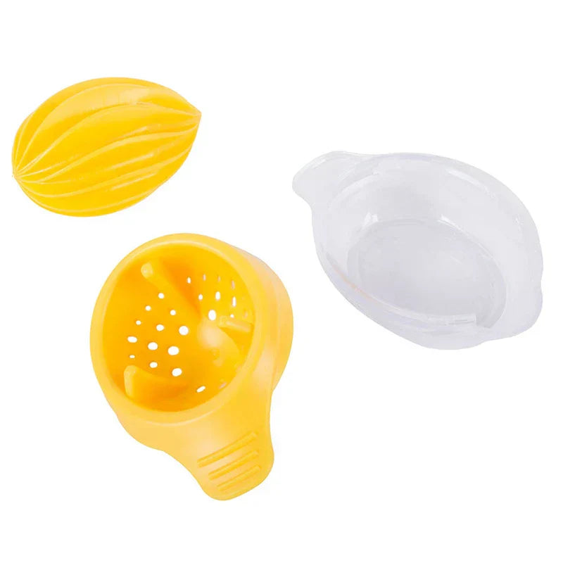 Handheld Citrus Juice Extractor - Disassembled manual lemon juicer with yellow ribbed press top, yellow perforated strainer base, and clear plastic collection cup with pour spout, shown on white background.