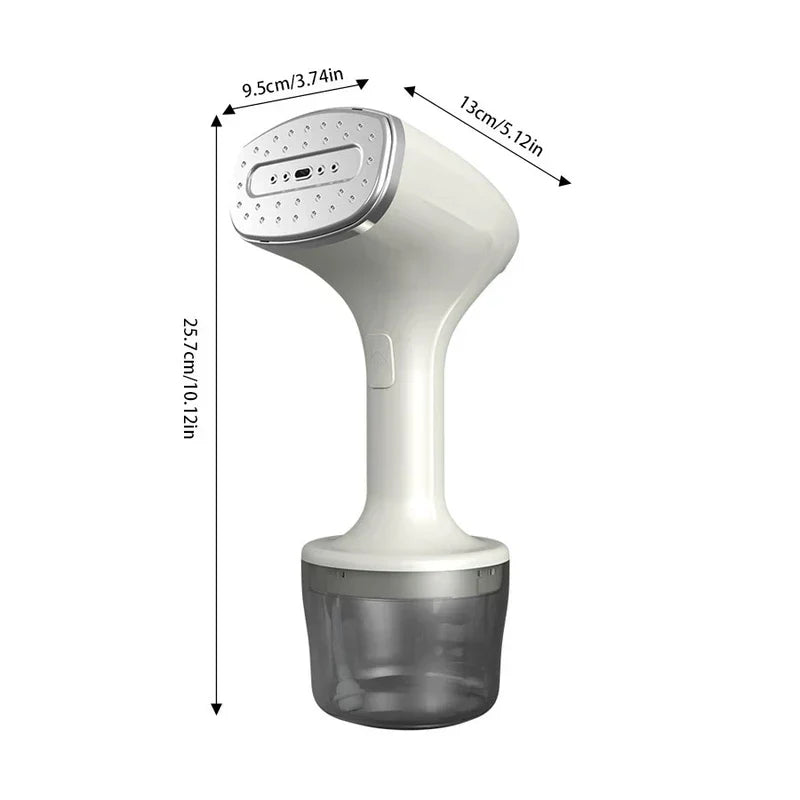 vaporizador de prendas - Vaporizador de prendas de mano blanco con tres dimensiones etiquetadas sobre fondo blanco liso