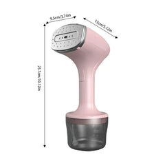 vaporizador de prendas - Vaporizador de prendas de mano rosa con tres dimensiones etiquetadas sobre fondo blanco liso