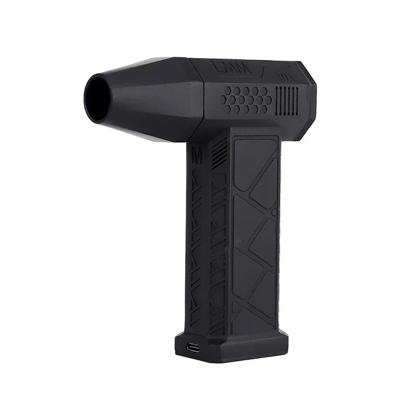 Turbo Jet Fan Blower - Matte black angular handheld blower unit with textured grip and USB-C charging port at base