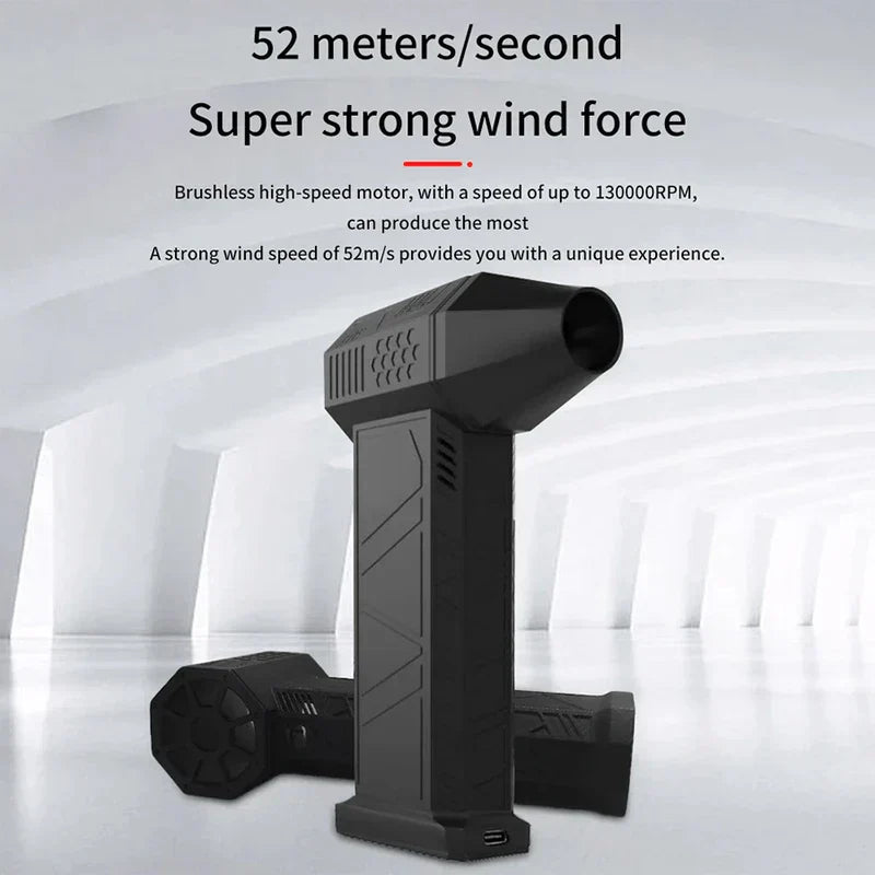 Soplador de aire tipo turbina - Soplador de aire manual negro en posición vertical, con una unidad idéntica detrás sobre una superficie brillante clara, con texto superpuesto sobre velocidad del viento y velocidad del motor