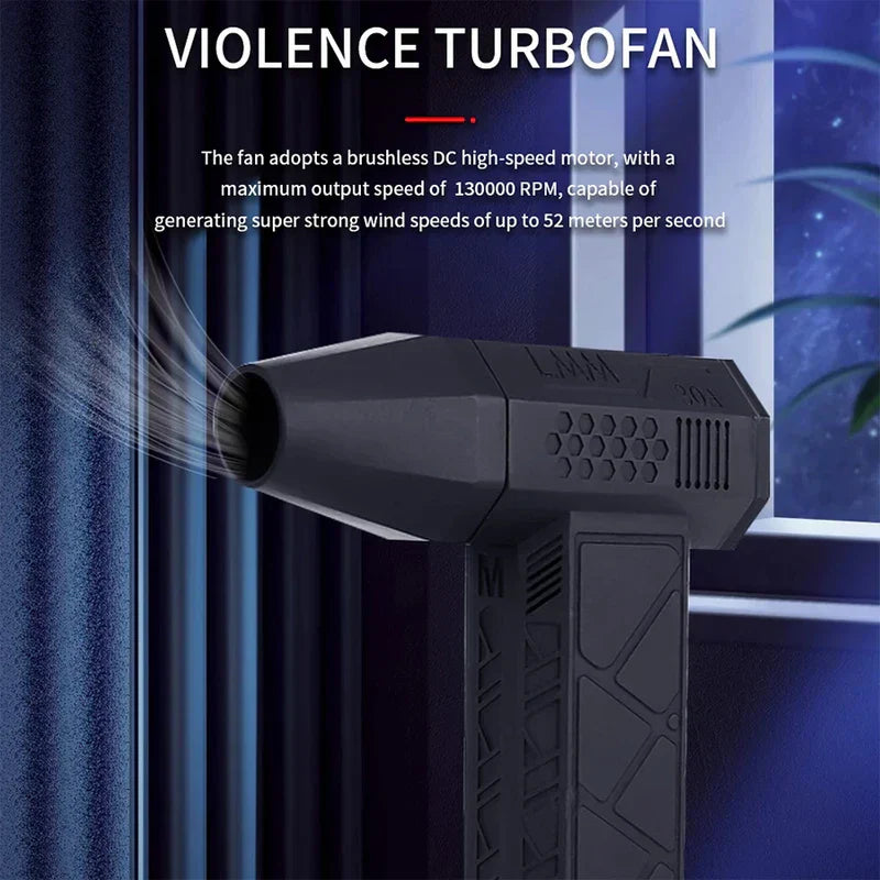 Turbo Jet Fan Blower - Side view of a black handheld air blower blowing air near a dark curtain, with overlaid text describing it as a violence turbofan