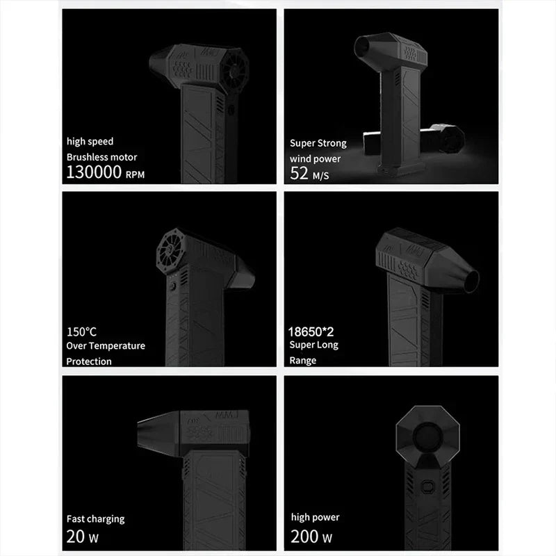 Soplador de aire tipo turbina - Cuadrícula de seis paneles que muestra diferentes ángulos de un soplador de aire manual negro, con texto que indica las especificaciones del dispositivo