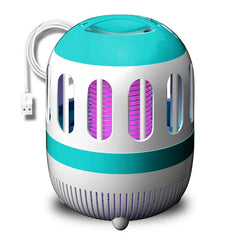 Fly Swatter Zapping Racket - Rounded electronic pest control device with attached USB power cord, white and turquoise casing with protective slotted vents