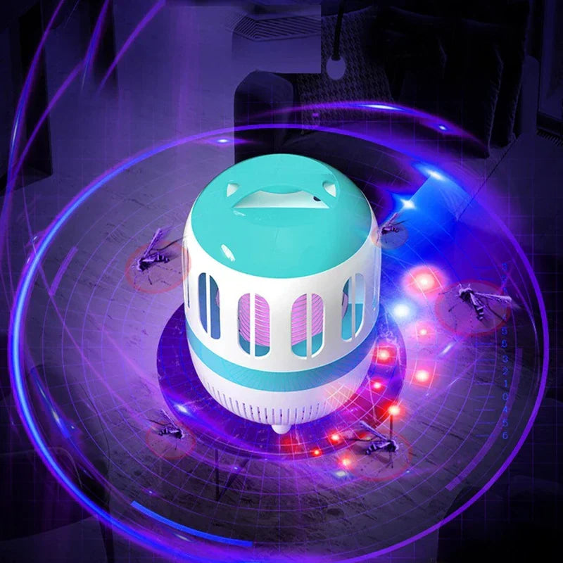 Fly Swatter Zapping Racket - A white and turquoise electric bug zapper surrounded by purple and blue light effects with dead and approaching mosquitoes illustrated around it
