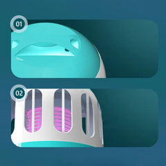 Fly Swatter Zapping Racket - A two-section close-up view: the top shows the turquoise handle of the zapper, the bottom shows the zapper's protective white grid over a pink internal element