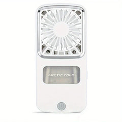 Portable Fan - White compact personal cooling device with power button and branded front panel