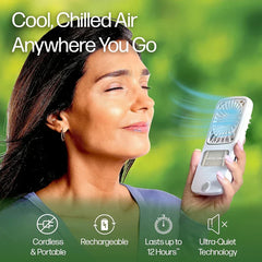 Portable Fan - Person holding the cooling device outdoors, with feature callouts for cordless design, rechargeable battery, runtime, and quiet operation