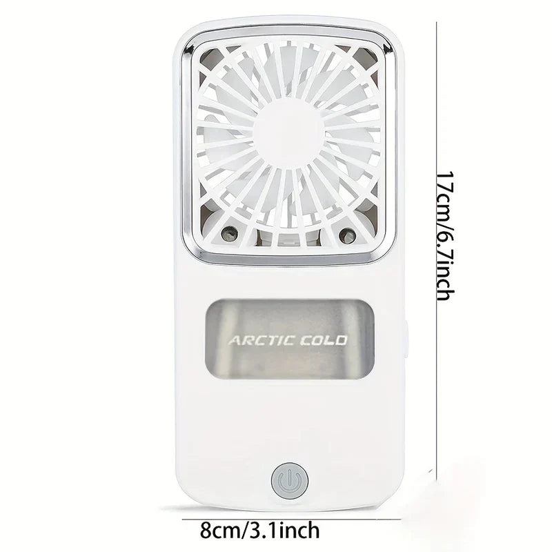 Ventilador portátil - Vista frontal de un ventilador de mano blanco con dimensiones indicadas de 17 cm de alto y 8 cm de ancho, con botón de encendido y texto de marca en el cuerpo.