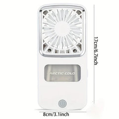 Portable Fan - Front view of a white handheld fan with listed dimensions 17cm tall and 8cm wide, with power button and branded text on the body.
