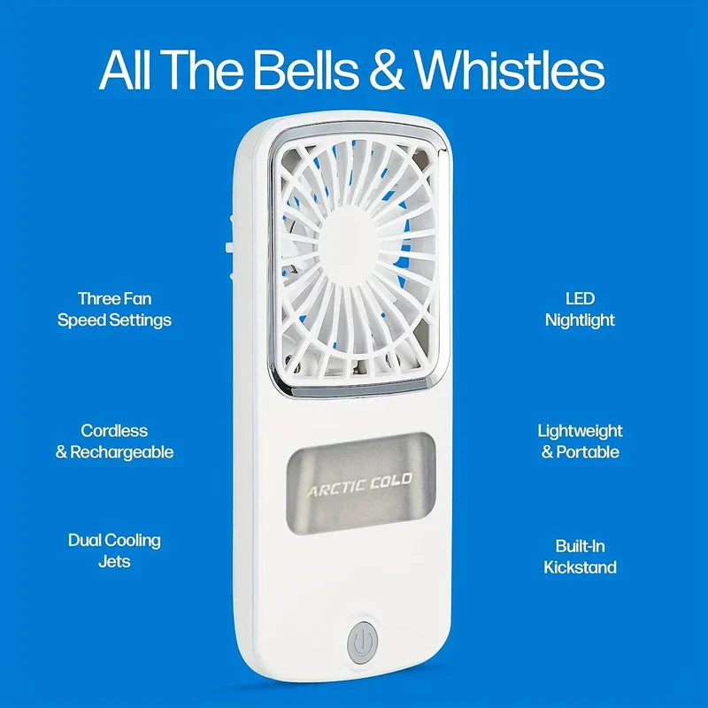 Portable Fan - Side view of the same white handheld fan against a blue background, with labeled feature points around the product.