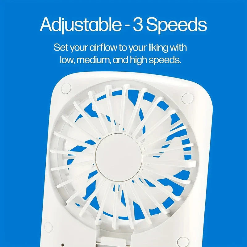 Close-up of a white portable fan head, text notes three adjustable speed settings