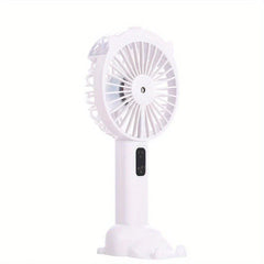 Handheld Misting Fan - White unit with cat ear design, standing on its integrated base