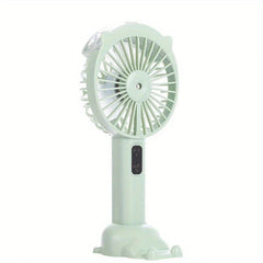 Handheld Misting Fan - Light green handheld fan with cat ear accents and cat paw shaped base, facing right, against white background