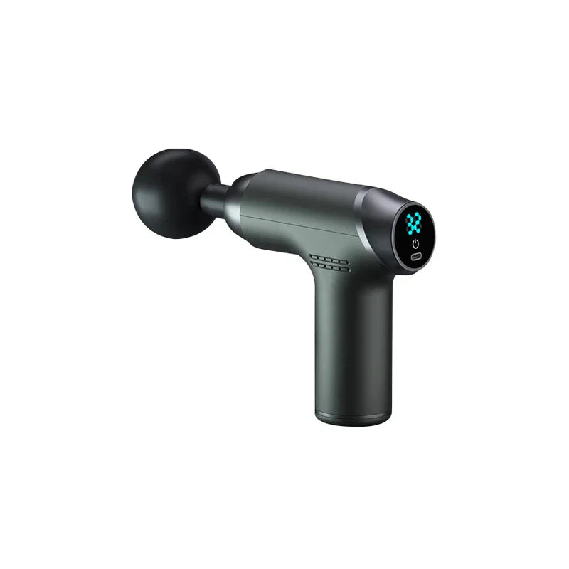 Vibration Massager - Mini massage gun in matte gray, fitted with a round ball head, digital display on its end
