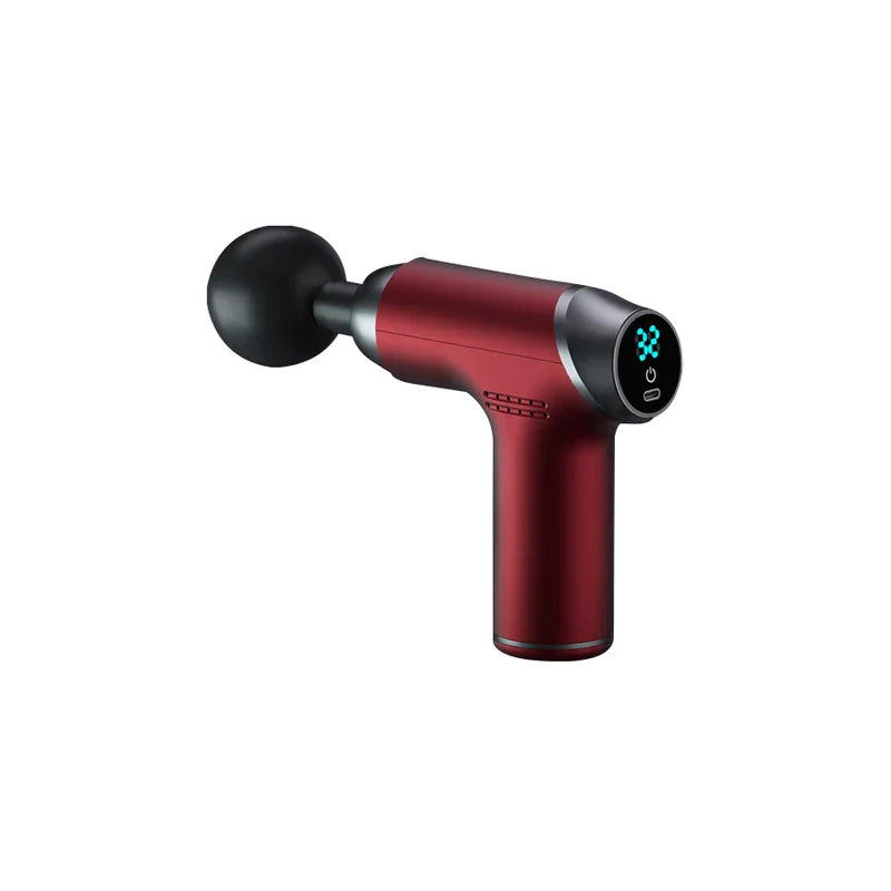 Vibration Massager - Mini massage gun in deep red, fitted with a round ball head, digital display on its end