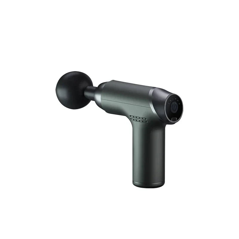 vibrationsmassagegerät - Kompakte T-förmige Massagepistole mit rundem Kugelaufsatz, dunkle matte Oberfläche, Einschaltknopf und USB-C-Anschluss am hinteren Ende