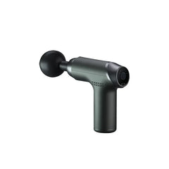 vibrationsmassagegerät - Kompakte T-förmige Massagepistole mit rundem Kugelaufsatz, dunkle matte Oberfläche, Einschaltknopf und USB-C-Anschluss am hinteren Ende