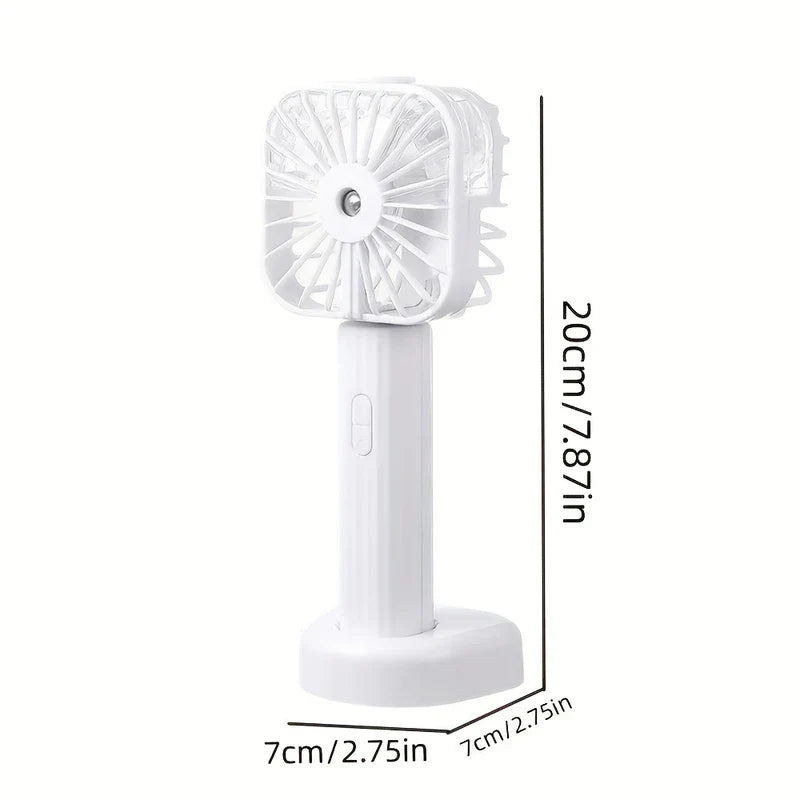 Mist Sprayer - White handheld mist fan on its base, with height and base dimension measurements marked.