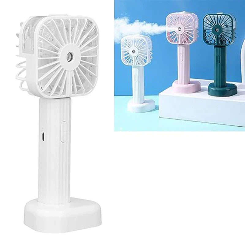 Mist Sprayer - Split view: left shows a white handheld fan with a base, right shows white, pink, and dark green handheld fans with bases against a blue backdrop.