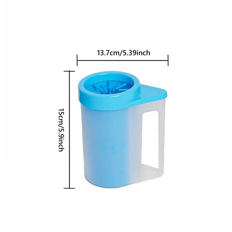 Handle - Blue and semi-transparent pet paw washer with size dimension labels against a white background